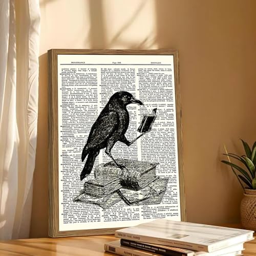 Funny Black Crow Reading Books Wall Art Vintage Raven Wall Decor Picture Dark Academia Animal Poster Canvas Print for Bedroom Living Room 12x16 inch Wood Framed - color: Animal -P, size: 16"L x 12"W