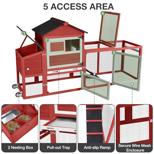 Large Chicken Coop with Wheels, Outdoor Wooden Hen House with Run & Nesting Box, for 3-5 Chickens, Waterproof Asphalt Roof, Leakproof Tray, Expandable Poultry Cage-Red - color: Red (AIR72-R)