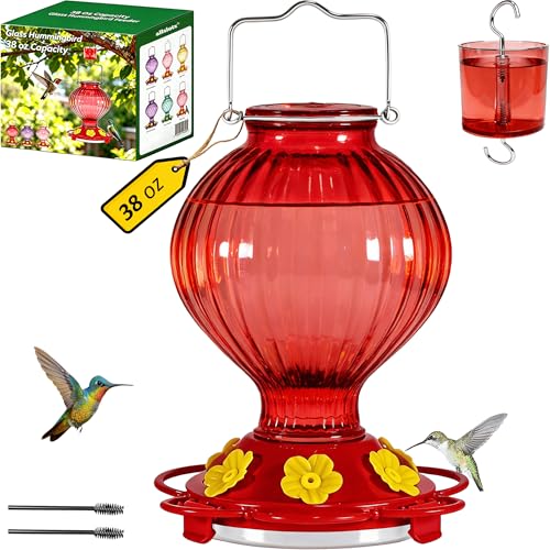 Glass Hummingbird Feeder for Outdoors Hanging, 38 oz Nectar Capacity, 6 Feeding Ports, Leak-Proof Rust-Free Plastic Base, Easy to Refill & Clean, Decorative Red Glass Bird Feeder for Garden Patio - color: Red, size: 38 Fluid Ounces