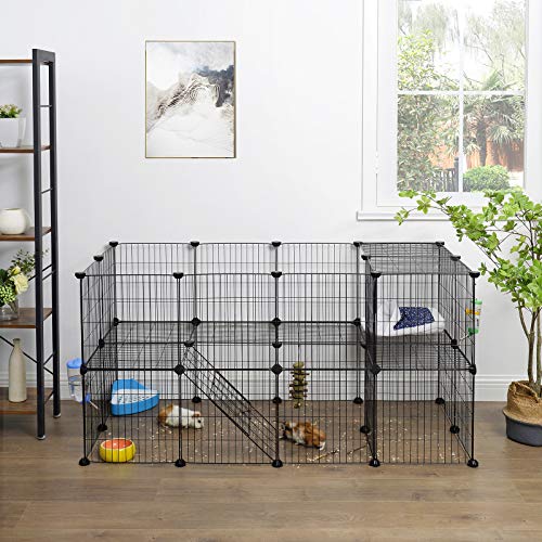 SONGMICS Pet Playpen, Small Animal Playpen, Rabbit Guinea Pig Cage, Zip Ties Included, Metal Wire Apartment-Style Two-Story Pet Premium Villa for Bunnies Puppies, Indoor Use, Black ULPI02H - color: Black, size: 56.3"L x 28.7"W x 28"H