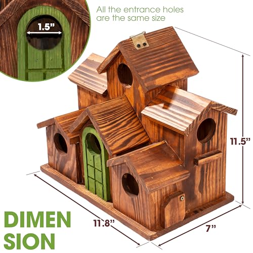 MIXUMON Bird House Outdoor, 6-Room Wooden Birdhouse for Outdoors & Outside, Carbonized Pine Wood Bird Houses with 1.57” Entrance & Easy Clean-Out Doors