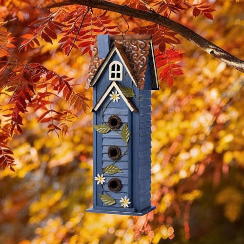 Glitzhome Bird Houses for Outside,Hand Painted Hanging Bird House for Outdoors, 24.25" H Oversized 3-Tiered Villa Decorative Wooden Bird Houses Large Birdhouse for Garden, Washed Blue - color: 24.25"H Blue