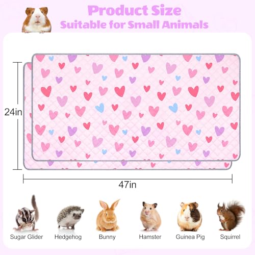 2 Pack Guinea Pig Bedding, Washable Guinea Pig Cage Liner Reusable Guinea Pig Mat Waterproof Guinea Pig Bedding for Cage, Super Absorbant Guinea Pig Pee Pads for Small Animals Hamster Rabbit Squirrel - color: Pink Heart, size: 47X24in