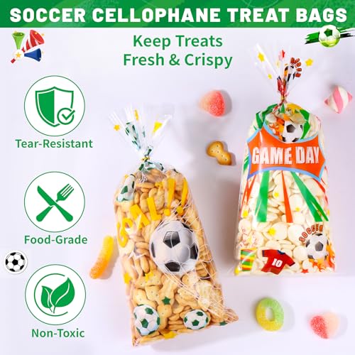 QOIUSO 50PCS Soccer Cellophane Treat Bags - Clear Plastic Goodie Bags with 60 Gold Twist Ties - Soccer Party Favor Bags for Candy, Snacks, Game Day, Sports Events, Birthday & School Activities - color: Soccer-50pcs