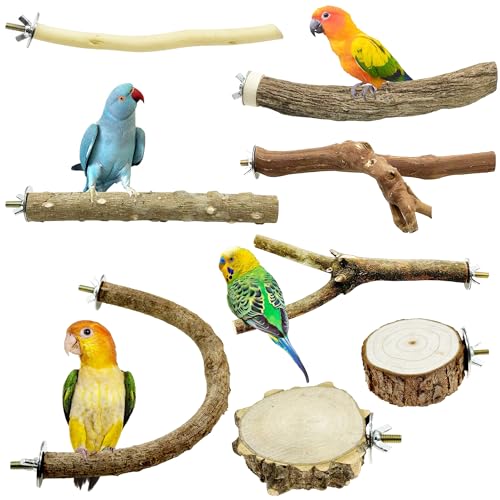 8 PCS Natural Wood Bird Perch Set, U Shape, Forking, No Branch, O Shaped Platform, Suitable for Cockatiel, Cockatoo, Budgie, Parakeet, Conure, Macaw, Love Bird
