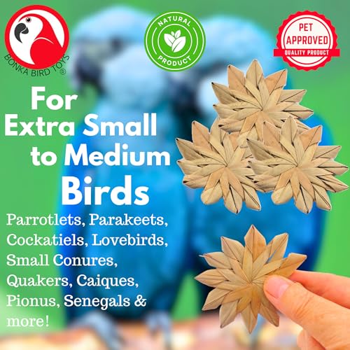 Bonka Bird Toys 1271 3" Palm Leaf Flowers pk3 for Small Medium Birds | Hand woven natural palm leaf construction for chewing and shredding enrichment