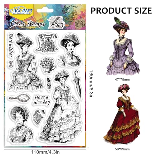 CHGCRAFT Retro European Woman Clear Stamps Victorian Lady Transparent Stamps Female Silicone Clear Stamp Seals for DIY Scrapbooking Photo Album Decoration, 4.3×6.3 inch - style: European Woman