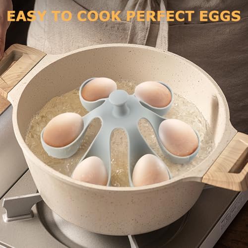 Silicone Egg Boiler Rack, 6 Egg Holder with Handle | Drain hole egg holder for lifting soft or hard boiled eggs from pots for breakfast and meal prep