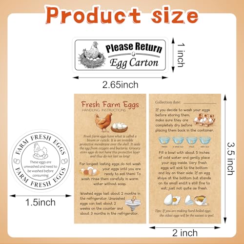 3 in 1 Total 1200pcs Fresh Farm Egg Egg Stickers Set Include 500pcs Farm Fresh Eggs Carton Labels 200pcs Handling Instruction Cards 500pcs Please Return Eggs Carton Labels Stickers