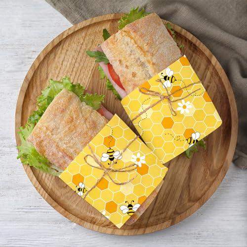 JarThenaAMCS 150 Pcs Summer Bee Wax Paper Yellow Honeycomb Deli Paper Cute Daisy Food Sandwich Wrap Waterproof Oil-Proof Picnic Basket Liners for Party Kitchen Supplies - color: Bee