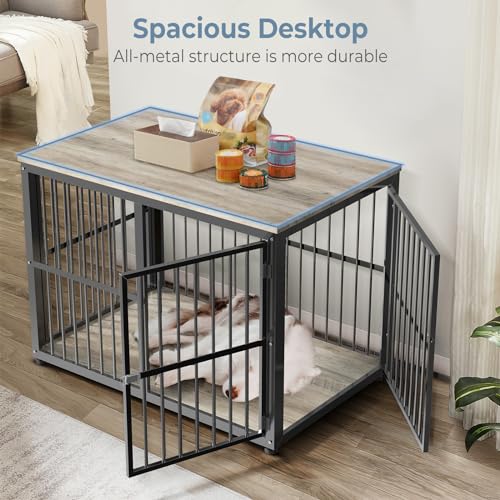 Lyromix 43'' XL Dog Crate Furniture with 3 Doors for Medium to Large Dogs | Wooden Kennel End Table, Heavy Duty Indoor Cage for Golden Retriever Labrador, Multiple Units Can be Combined, Grey - color: Ancient gray, size: 43.3"L x 29.9"W x 33.1"H