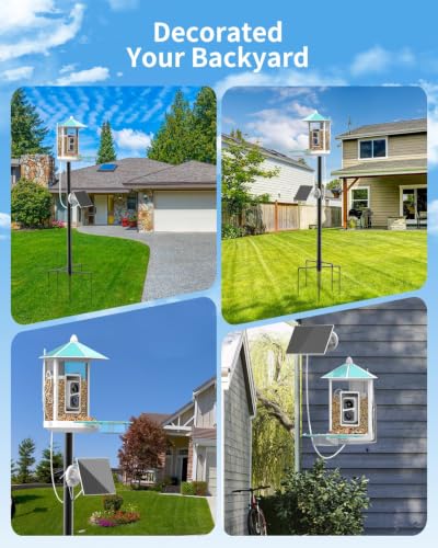 Onlyfly Metal Bird Feeder with Camera and 74.5 Inch Pole - Smart Camera Bird Feeder Solar Powered with 2k Live Stream for Backyard, Ai Identify Auto Capture Videos, Gifts for Birdlover Mom Dad - color: Light blue