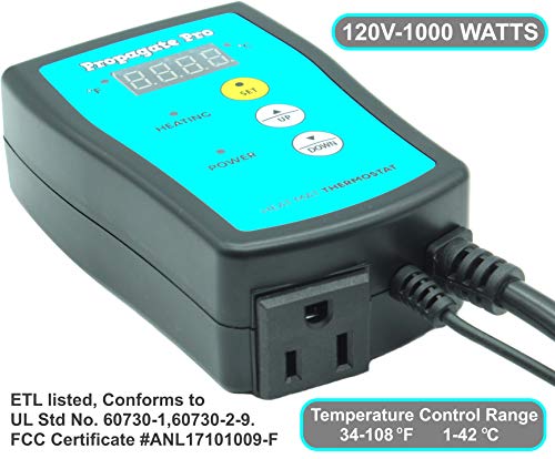 Plug in 1000 Watt Heating Thermostat Outlet 34-108°F by Propagate Pro 110V, 120V Heat Mat Heater Pad Temperature Controller for Starting Seeds, Reptiles, Egg Incubation + Beer Brewing/Wine Making