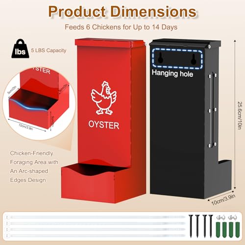 2 Pack Chicken Grit Oyster Shell Feeder, Metal Gravity Feeder with Lid | Wall Hanging Chicks Food Dispenser Chicken Coop Accessories for Hens Ducks Pigeons, Red+Black - color: Red + Black