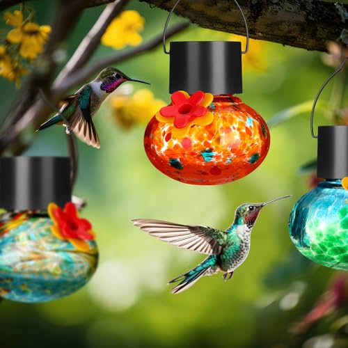 Nuogo 3 Pcs 3.54 Inch Blown Glass Hummingbird Feeders Solar Powered Hummingbird Feeder with LED Light for Garden Outdoors Window Decor Valentine Hanging Gifts Ant and Bee Resistant(Classic Colors) - color: Color A, style: Classic