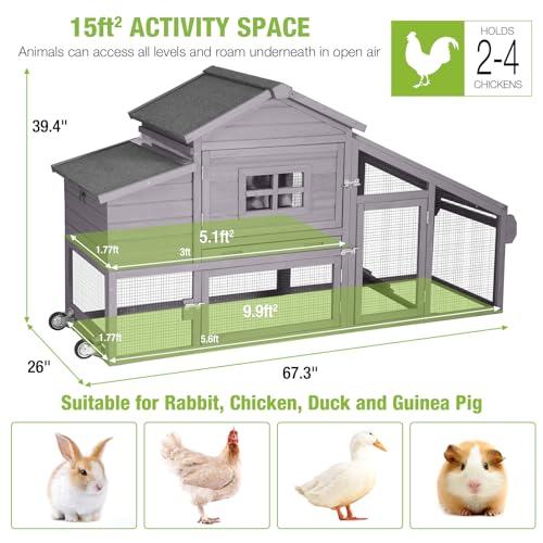 GUTINNEEN Chicken Coop Mobile Chicken House On Wheel Outdoor Rabbit Hutch for 2-4 Chickens 67" - color: Light gray