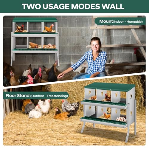 Garvee Chicken Nesting Box, 6 Compartments Nesting Box for Chickens, Galvanized Steel Chicken Laying Box for Easy Egg Collection, Wall Mounting - color: Green | 6 Compartments+legs