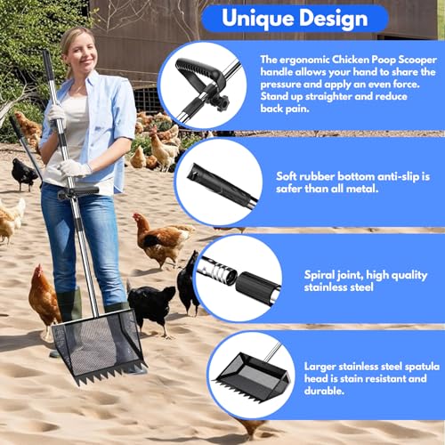 VEEMI Chicken Poop Scooper Rake 2-in-1,304 Stainless Steel Shovel Head, Chicken Litter Scoop with Handle for Chicken Coop for Sand, Pet Waste Cleaning, Litter Sifting Shovel (35 to 65") | Chicken Poop Scooper - color: Black, size: 10inch