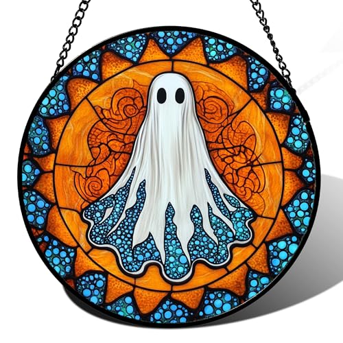 Stained Glass Window Hanging - Halloween Decorations White Ghost Suncatcher for Doors Garden Indoor Spooky Funny Blue Sun Catchers Gothic Decor Horror Gifts for Women Men Friend 7.8 in - color: Blue-orange, size: 7.8x7.8 IN