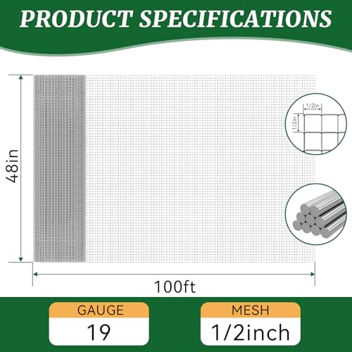 19-Gauge Galvanized Hardware Cloth, 1/2 in Mesh, 48 in x 100 ft | 1/2-inch welded wire mesh roll for chicken coops, garden barriers, tree guards, cage repairs and DIY screens - color: Sliver, size: 1/2in x 48in x 100ft