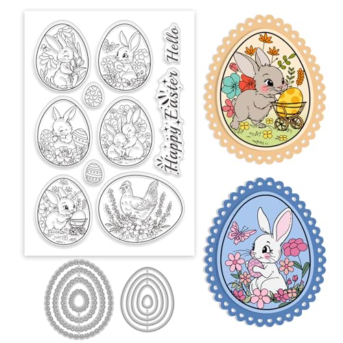 GLOBLELAND Happy Easter Bunny Eggs Clear Stamps and Metal Die Cuts Rabbit Egg Transparent Stamp Egg Frame Cutting Dies for Card Making Embossing Scrapbooking - style: Easter Bunny Egg