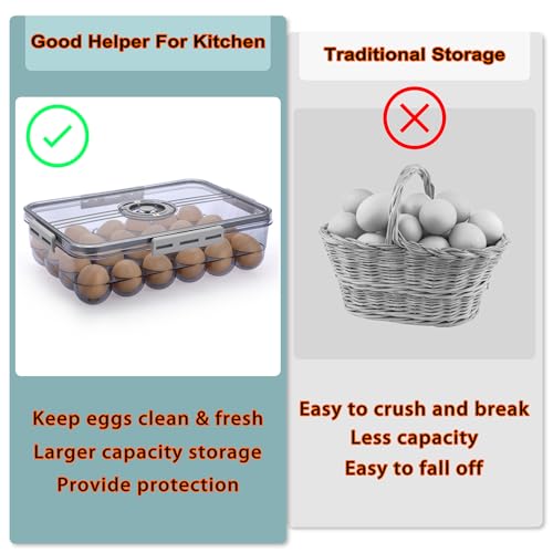 BTSKY Premium Plastic Egg Holder for Fridge - 24 Egg Refrigerator Container, Organizer with Time Reminder and Lid - size: Large-hold 24 eggs