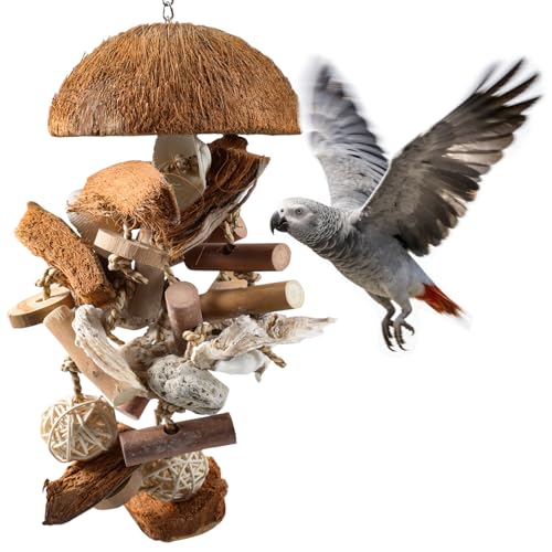 18" Natural Bird Toy for Medium & Large Parrots,Multi-Texture Chew & Forage | Coconut Shells & Lava Stones | Shred For African Greys,Cockatoos, Caiques, Quakers and Conures | Healthy Beak Exercise
