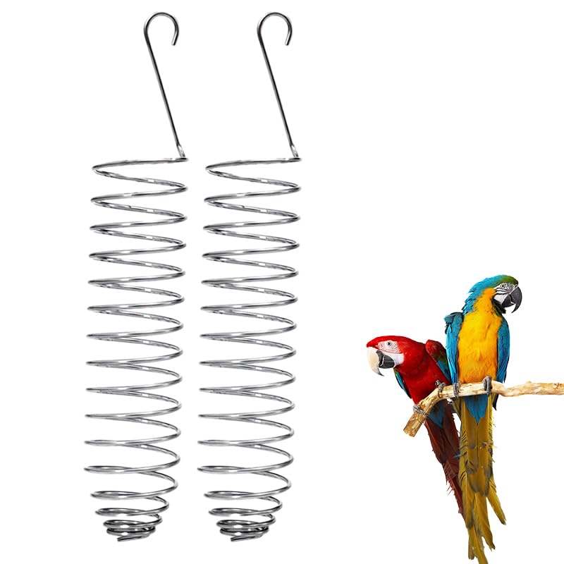 2 Pack Bird Treat Holder for Cage, Stainless Steel Spiral Bird Feeder for Parakeets, Hanging Millet Holder for Fruit, Vegetables and Bird Foraging Toy 6.3 Inch