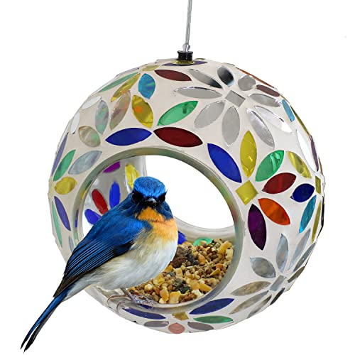 Sunnydaze Mosaic Glass Bird Feeder, Fly-Through, Rainbow Daisies | 6" Small Unique Hanging Bird Feeder for Outdoors, Drainage Hole, Weather-Resistant, Birdfeeder for Cardinals, Jays, & Finches - color: Rainbow Daisies Mosaic