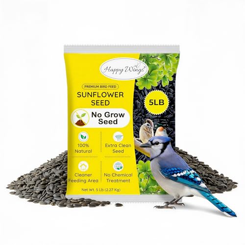 Happy Wings 5 LB Black Oil Sunflower Seeds Bird Food, No Waste Bird Seed | High in Oil & Protein, High Fat & Energy Content, USDA & BRC-GS Approved, Finches, Sparrows, Chickadees, Cardinals, No Mess - size: 5 Pound (Pack of 1)