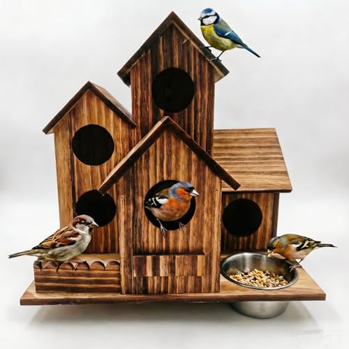 Cekobechg Outdoor 5-Hole Wooden Bird House with Feeding Basin, Bird Nest for Garden and Patio Decor, Ideal for Finches, Bluebirds, Cardinals and Small Birds, Natural Solid Wood