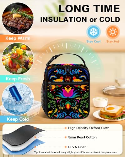 Girls Lunch Box Insulated Lunch Bag for Girls Teen Women, Floral Birds | Reusable Lunchbox, Cooler Tote Bag, Water Bottle Holder, Front Pockets, Portable Buckle Handle, Mexican Talavera Floral Birds - color: Mexican Talavera Floral Birds