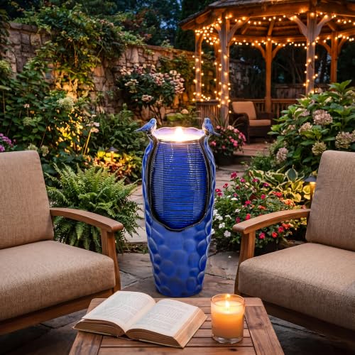 Autodaya 33" Vase Ceramic Outdoor Water Fountain with Lights and Birds | cobalt blue glazed water feature with textured design, ambient soothing cascading water flow for garden patio yard sanctuary - color: 33"h-hammered Cobalt Blue