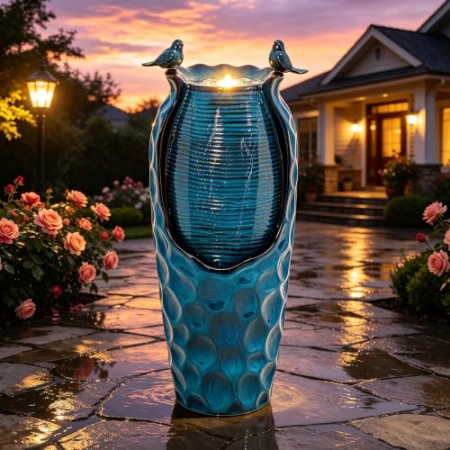 Autodaya 33" Vase Ceramic Outdoor Water Fountain with Lights and Birds | teal blue glazed water feature with textured design, ambient soothing cascading water flow for garden patio yard sanctuary - color: 33"h-birds Jar Turquoise Glaze
