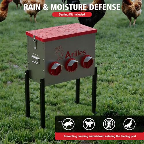 Automatic Chicken Feeder, Metal Poultry Feeder, Chicken Feeders | 40LB Poultry Feeder With Stand & 6 Ports. Includes Bonus Vegetable Net, Feeder Sealant And Anchor Stakes For Chicken.
