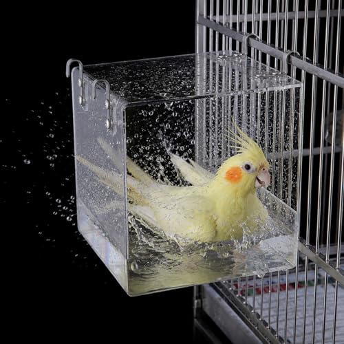 Pawfly Clear Hanging Acrylic Bird Bath for Cage, 5"×4.4"×5.1" Bird Shower Bathtub Box for Parrot, Parakeet, Cockatiel, Budgie, Canary, Lovebird & Finch
