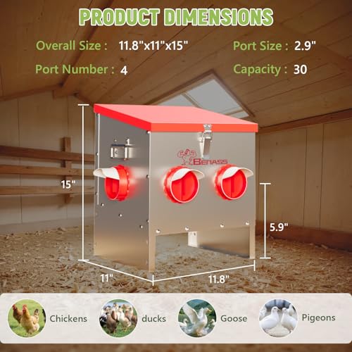 30LB Automatic Chicken Feeder, No-Waste Metal Poultry Feeder with 4 Ports, Predator-Proof Latch & Weatherproof Design, Includes Anti-Tip Ground Stakes & Vegetable Hanging Feeder - size: 30LB-4 Ports