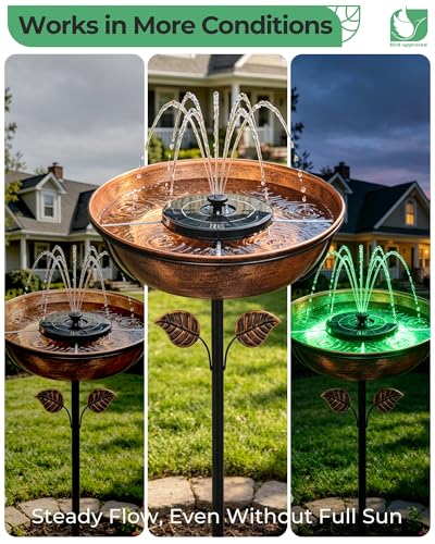 13" Metal Bird Bath with Solar Fountain, Battery & LED | 6.3" Fountain, 4 Fixed Rods, 5 Spray Patterns, 3" Deep Bowl, 1.4 Gallon Capacity, 5-Prong Stake for Flowing Water Feature