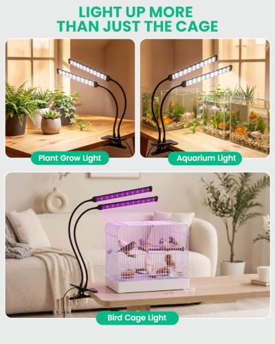 Bird Cage Light with UVA UVB, Full Spectrum Bird Lamp for Parrots | Dual-Head, 3 Modes, 4 UVB Levels (1.0-3.5), 24H Timer, 68 LEDs, Solid Wood Perch Included