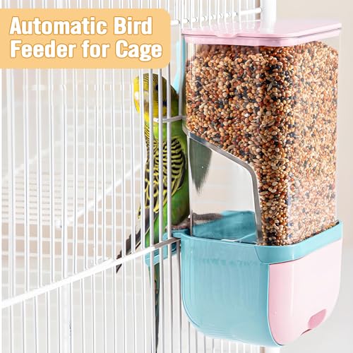 BNOSDM No Mess Bird Cage Feeders Automatic Bird Feeder Parrot Cage Accessories Transparent Seed Food Container with Perch for Finches, Parakeets, Budgies, Lovebirds, Cockatoos, Canaries (Blue) - color: Blue