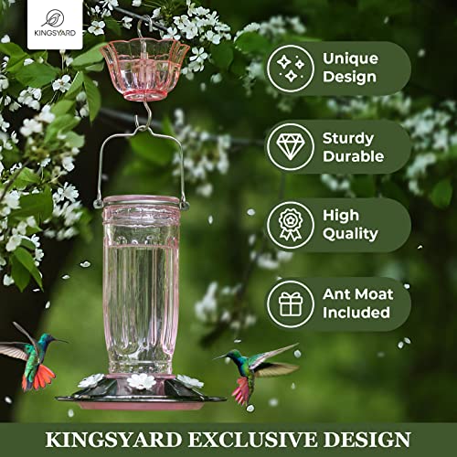 Kingsyard Glass Hummingbird Feeder for Outdoors Wild Bird Feeder with 6 Feeding Ports Hanging for Garden Yard, Pink (Ant Moat Included) - color: Pink