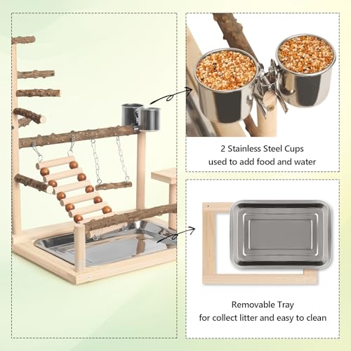 Wood Pet Parrot Playground Bird Play Stand Toys Perch with Feeder Cups for Cockatiel Parakeet Lovebirds Conure (Natural) - color: Natural