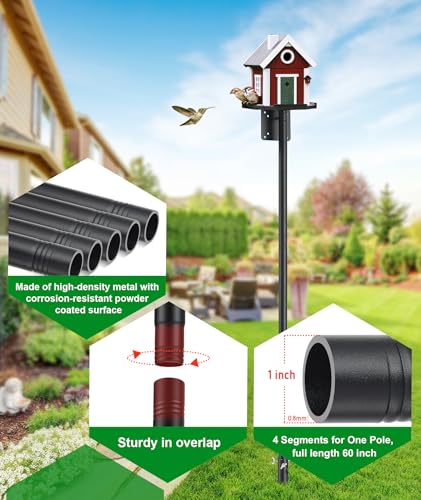 Heavy Duty Bird Feeder Pole - 60 Inch Adjustable 1 Inch Metal Bird House Pole with 14” Deep Auger Base | Outdoor Mount Kit for Bluebird Houses, Hummingbird Feeders, Smart Bird Feeder with Camera - size: 60"