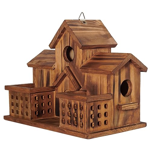MIXUMON Bird Houses for Outside with Bird Feeder, Outdoor 3 Hole Bird House Room for 3 Bird Families Bluebird Finch Cardinals Hanging Birdhouse for Garden