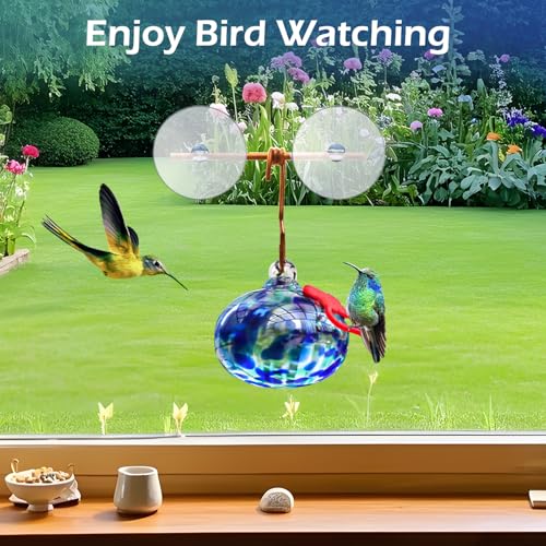 Pozfun Window Hummingbird Feeder with Suction Cups,Hand-Blown Glass Hummingbird Feeders for Outdoors Window Mounted with Metal Hook,Close Bird Watching,Finch in Garden,Yard(Dotted Blue) - color: Dotted Blue