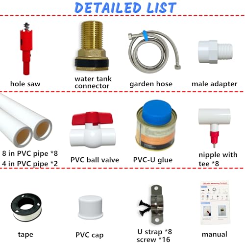 DIY Chicken Watering System - 1/2" PVC Tee Fittings and Chicken Waterer Nipples with PVC Pipe, Stainless Steel Hose, Automatic Chicken Waterer Feeder Kit for Chicken, Duck, Quail