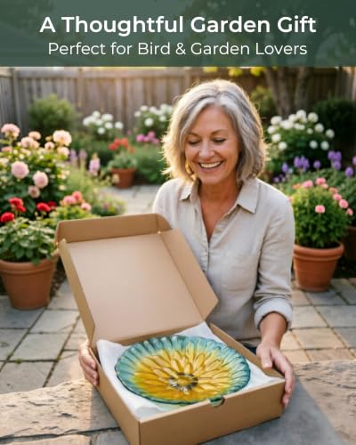 Glass Bird Bath Small Birdbath for Garden Decor, Yellow | 10.6" Bowl, 26" Height 4-Prong Stable Stake Easy to Clean Outdoor Bath or Feeder for Hummingbirds & Small Birds, Handcrafted