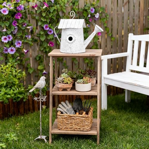 Vintage Metal Hanging Birdhouse, Decorative Bird House in Watering Can Design with Flower Accent, Rustic White Finish, Ideal for Garden and Outdoor Decor - color: White-Watering Can
