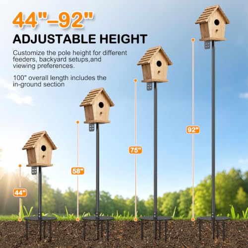 Bird Feeder Pole 100 Inch with Squirrel Baffle and 4 Feeder Hooks Heavy Duty Adjustable Bird House Pole with Top and Side Mount for Smart Feeders, Bluebird Houses, Yard and Garden - size: 100 INCH