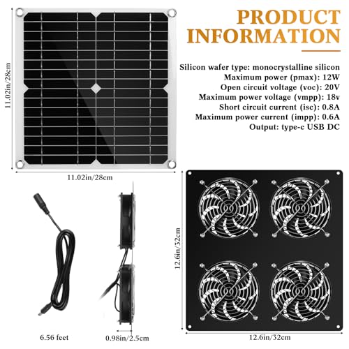 Rossesay 2 Set Solar Panel Fan Kit with 4 Fans 12w USB Weatherproof Solar Exhaust Fan Outdoor Solar Greenhouse Fan Portable Chicken Coop Fan, Metal Shell for Sheds, Attic, Pet Houses, Window Exhaust